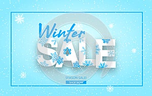 Winter sale vector banner design with white snowflakes elements and winter sale text in snow pattern background for shopping