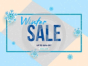 Winter sale vector banner design with white snowflakes elements and winter sale text in snow pattern background for shopping