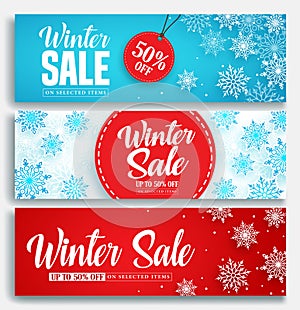 Winter sale vector banner set with discount text and snow elements in blue and red snowflakes