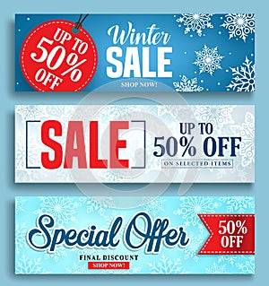 Winter sale vector banner set with sale discount texts and labels in snow colorful background