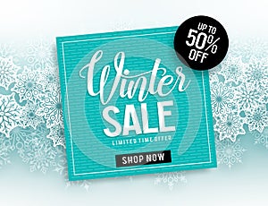 Winter sale vector banner template with blue frame for sale text & snowflakes elements