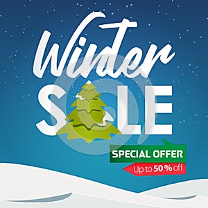 Winter Sale vector Banner template design with Christmas tree and winter sale text in blue background for Christmas or New Year.