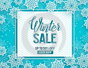 Winter sale vector banner template with white snow elements