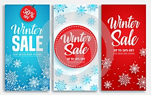 Winter sale vector poster or banner set with discount text and snow elements