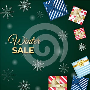 Winter sale vector poster or banner set with discount text and snow elements in blue and gold snowflakes background for shopping