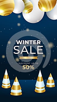 Winter sale vector poster or banner set with discount text and snow elements in blue and gold snowflakes background for shopping