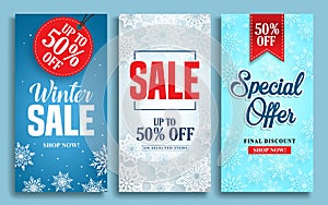 Winter sale vector poster design set with sale text and snow elements in colorful winter background