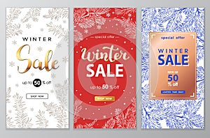 Winter sale vector poster set with discount text and snow elements for shopping promotion