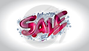 Winter sale web banner vector mockup with silver snowflakes and 3D style glossy lettering