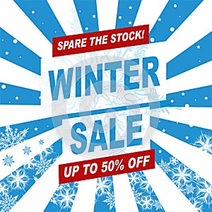 Winter sales banner. Blue abstract lines and snowflakes