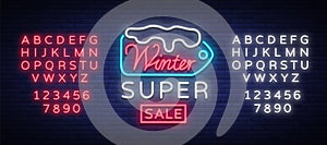 Winter sales banner in neon style. Vector illustration on Winter, New Year and Christmas discounts and sales. Neon sign
