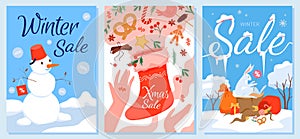 Winter sales card and banner templates set, cute bunny and snowman with percentage tag