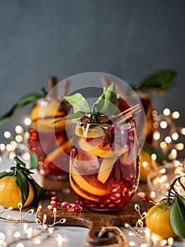 Winter sangria on christmas background, copy space