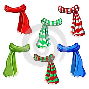Winter scarf collection isolated on white background. illustration of red, green, striped scarfs. wool muffler icon set - winter