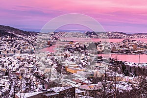 Winter Scene with Aerial View of Bergen City at Pink Sunrise