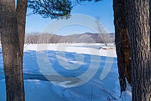 Winter scene along the St Croix River from William O`Brien State Park Minnesota