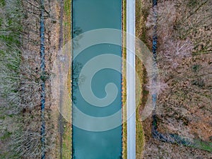 Winter scene around the canal Dessel Schoten aerial photo in Rijkevorsel, kempen, Belgium, showing the waterway in the