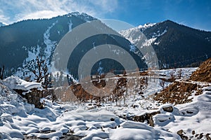 The winter scene in Aru Valley near Pahalgam, Kashmir, India