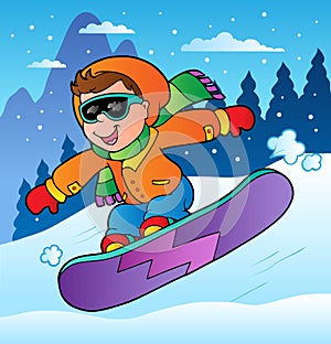 Winter scene with boy on snowboard