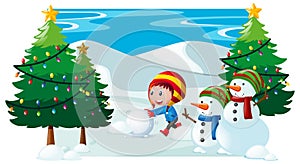 Winter scene with boy and snowman