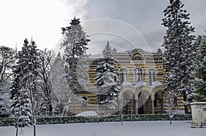 Winter scene with building of the Holy Synod of the Bulgarian Orthodox Church