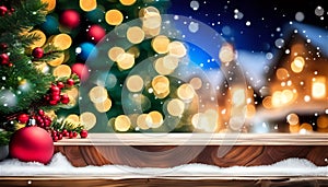 Winter scene with Christmas table in the background Christmas. AI generated