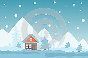 Winter scene with cozy cottage in mountains, snowy landscape, vector illustration