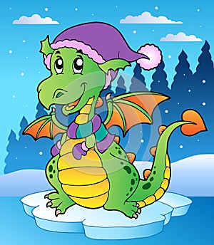 Winter scene with cute dragon