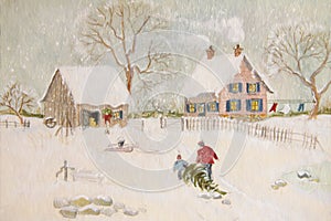 Winter scene of a farm with people