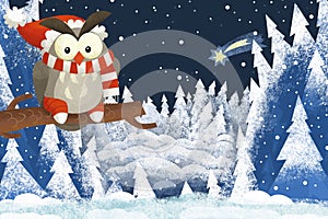 Winter scene with forest animal wise owl with santa claus hat in the forest - traditional scene