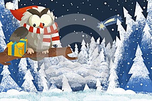 Winter scene with forest animal wise owl with santa claus hat in the forest - traditional scene