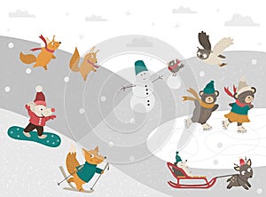 Winter scene with forest animals doing sport activities. Vector illustration of cute woodland characters playing snowballs, tubing