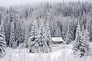 winter scene of a forest lodge amidst frosty fir trees