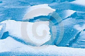 Winter scene with frozen ice-pack ice float and other formations