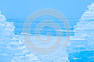 Winter scene at the frozen Lake Balaton with ice tower