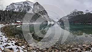 Winter scene on the frozen Lake Louise in Banff National Park, Alberta, Canada
