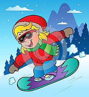 Winter scene with girl on snowboard