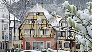 Winter scene and half-timbered houses