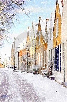 Winter scene with heavy snowfall at a little village in holland, europe