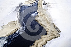 Winter scene Ice melting and water on a frozen river