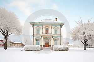 winter scene of an italianate home with a snowcapped belvedere