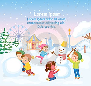 Winter scene with kids children making building snowman in snowy park