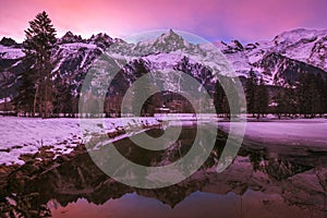 Winter scene of Mont Blanc and French Alps on a pink daybreak