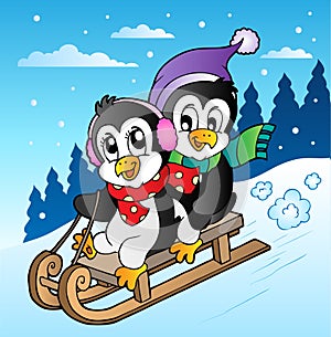 Winter scene with penguins sledging