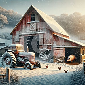 Winter Scene Red Wooden Barn farming Corral Pigs Chickens AI Generated