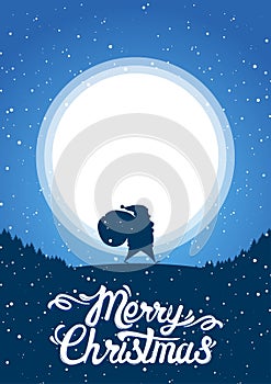 Winter scene with Santa bearing gifts on the background of the moon and lettering of Merry Christmas.