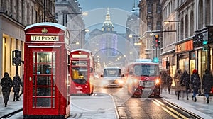 Winter scene on a shopping high street with a red bus, telephone booth and snowfall, Generative AI