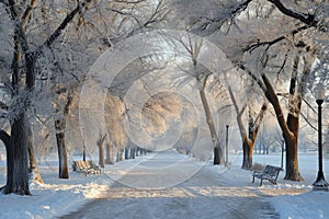 A winter scene showcasing a park covered in a blanket of snow, with benches and trees lining the landscape, Crisp winter morning