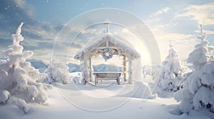 winter scene showcasing a snow-kissed gazebo nestled amidst frosty trees under a peaceful sky