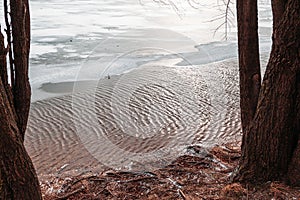 Winter scene showing thin ice and fresh snow at the side of a fast flowing river, danger in spring